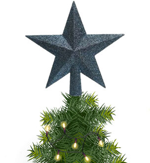 Decoris kerstboom piek - 1x - ster vorm - donkerblauw - glitter - 19 cm - kunststof - kerstpiek