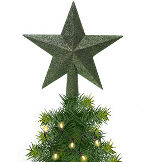 Decoris kerstboom piek - 1x - ster vorm - donkergroen - glitter - 19 cm - kunststof - kerstpiek