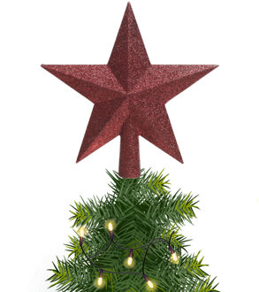 Decoris kerstboom piek - 1x - ster vorm - donkerrood - glitter - 19 cm - kunststof - kerstpiek