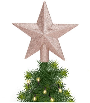 Decoris kerstboom piek - 1x - ster vorm - lichtroze - glitter - 19 cm - kunststof - kerstpiek