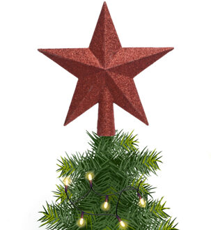 Decoris kerstboom piek - 1x - ster vorm - rood - glitter - 19 cm - kunststof - kerstpiek