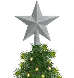 Decoris kerstboom piek - 1x - ster vorm - zilver - glitter - 19 cm - kunststof - kerstpiek