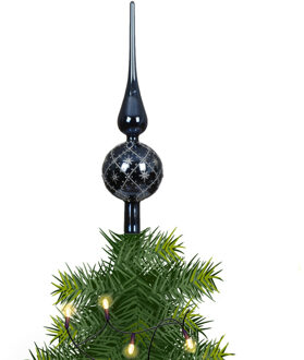 Decoris kerstboom piek - gedecoreerd - donkerblauw - glans - glas - H31 cm - kerstboompiek