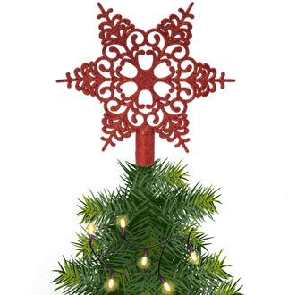 Decoris Kerstboom piek open kunststof kerst ster rood met glitters H19 cm