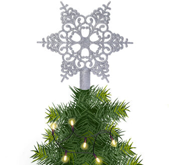 Decoris Kerstboom piek open kunststof kerst ster zilver met glitters H19 cm