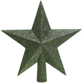 Decoris kerstboom piek - ster vorm - donkergroen - glitter - 19 cm - kunststof - kerstpiek