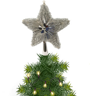 Decoris Kerstboom piek/topper ster kunststof glitters zilver 23 cm - kerstboompieken Zilverkleurig