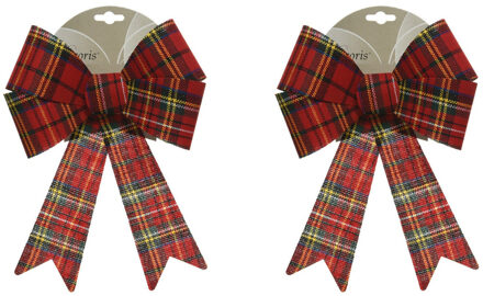 Decoris Kerstboom strik - 2x - rood - 38 cm - geruit patroon - kerstversiering - kerstdecoratie - ke