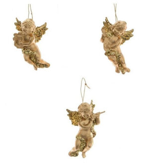 Decoris Kerstboom versiering set van 3x gouden engeltjes van 10 cm