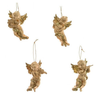 Decoris Kerstboom versiering set van 4x gouden engeltjes van 10 cm - Kersthangers Goudkleurig