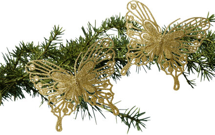 Decoris kerstboom vlinders op clip - 2x stuks -goud - 13 cm - glitter - Kersthangers Goudkleurig