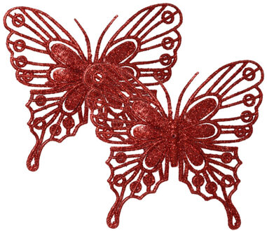 Decoris kerstboom vlinders op clip - 2x stuks -rood - 13 cm - glitter - Kersthangers