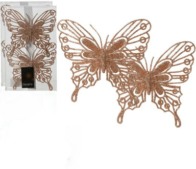 Decoris Kerstboom vlinders op clip - 4x - lichtroze - 13 cm - glitter