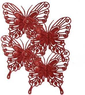 Decoris kerstboom vlinders op clip - 4x stuks -rood - 13 cm - glitter - Kersthangers