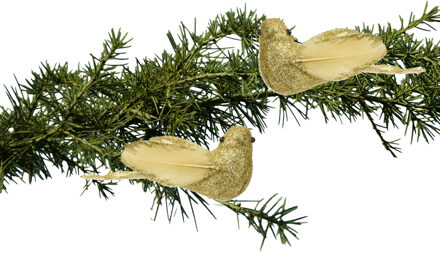 Decoris kerstboom vogels op clip - 2x - goud - foam - 11 cm - Kersthangers Goudkleurig