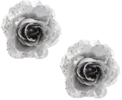 Decoris Kerstboomversiering Bloem - 10x stuks - 12 cm - zilver - op clip - ornament - roos