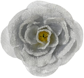 Decoris Kerstboomversiering Bloem - 12 cm - zilver glitter - op clip - ornament - roos