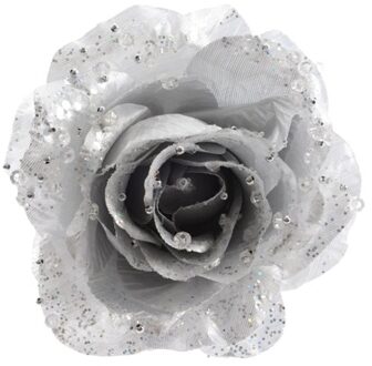 Decoris Kerstboomversiering Bloem - 12 cm - zilver - op clip - ornament - roos