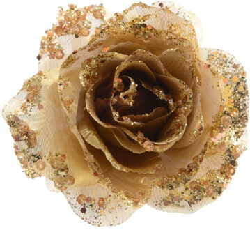 Decoris Kerstboomversiering Bloem - 14 cm - goud - op clip - ornament - roos