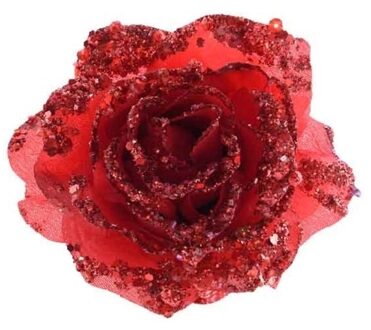 Decoris Kerstboomversiering Bloem - 14 cm - rood - op clip - ornament - roos