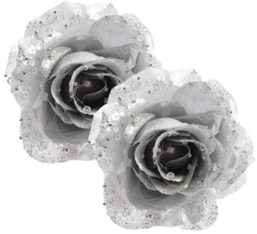 Decoris Kerstboomversiering Bloem - 2x - 12 cm - zilver - op clip - ornament - roos