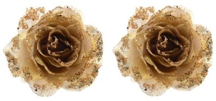 Decoris Kerstboomversiering Bloem - 2x - 14 cm - goud - op clip - ornament - roos Goudkleurig