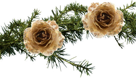 Decoris Kerstboomversiering Bloem - 2x stuks - 14 cm - goud - op clip - ornament - roos