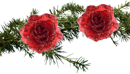 Decoris Kerstboomversiering Bloem - 2x stuks - 14 cm - rood - op clip - ornament - roos