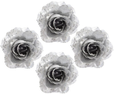 Decoris Kerstboomversiering Bloem - 4x - 12 cm - zilver - op clip - ornament - roos