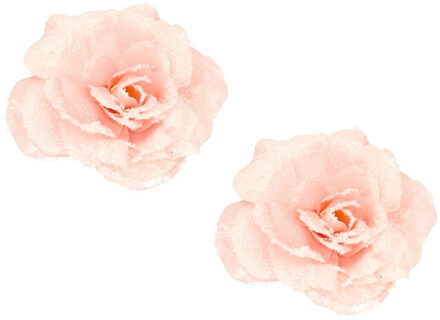 Decoris Kerstboomversiering Bloem - 4x stuks - 12 cm - roze glitter - op clip - ornament - roos
