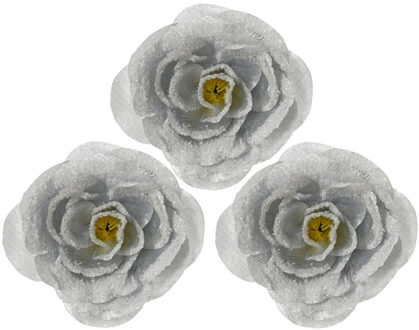 Decoris Kerstboomversiering Bloemen - 3x - 12 cm - zilver glitter - op clip - ornament