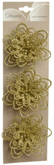 Decoris Kerstboomversiering Bloemen - 3x stuks - 11 cm - goud glitter - op clip - ornament