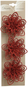 Decoris Kerstboomversiering Bloemen - 3x stuks - 11 cm - rood glitter - op clip - ornament