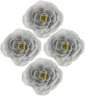 Decoris Kerstboomversiering Bloemen - 4x stuks - 12 cm - zilver glitter - op clip - ornament