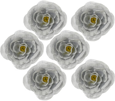 Decoris Kerstboomversiering Bloemen - 6x stuks - 12 cm - zilver glitter - op clip - ornament