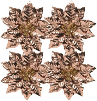 Decoris Kerstboomversiering bloemen op clip - 4x st - koper - 24 cm - kunststof