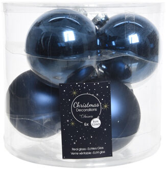 Decoris Kerstboomversiering donkerblauwe kerstballen van glas 8 cm 6 stuks - Kerstbal