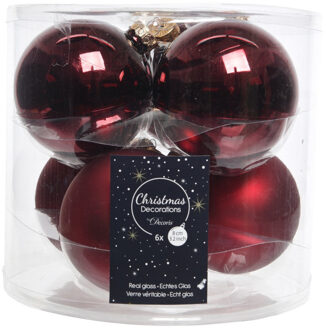 Decoris Kerstboomversiering donkerrode kerstballen van glas 8 cm 6 stuks - Kerstbal Rood