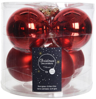 Decoris Kerstboomversiering kerst rode kerstballen van glas 8 cm 6 stuks - Kerstbal Rood