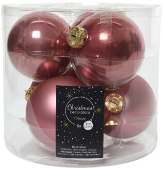 Decoris Kerstboomversiering oud roze kerstballen van glas 8 cm 6 stuks - Kerstbal