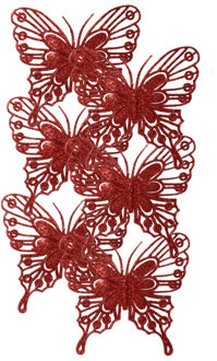 Decoris Kerstboomversiering vlinders op clip - 6x - rood - 13 cm - glitter