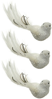 Decoris Kerstboomversiering Vogel - 4x - 17 cm - wit glitter - op clip - ornament