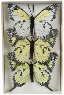 Decoris Kerstdecoratie vlinders op clip - 3x - lichtgeel - 12 x 8 cm