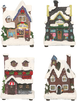 Decoris Kerstdorp huisjes set van 4x huisjes met Led verlichting 12 cm - Kerst landschap stad/dorp bouwen