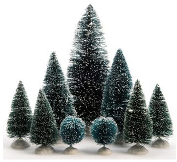 Decoris Kerstdorp kerstboompjes - 9x st - groen - 4-22 cm - kunststof - miniatuur boompjes