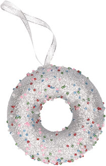 Decoris Kersthanger - donut - met kraaltjes - 10 cm - kerstboomversiering - Kersthangers Zilverkleurig