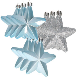 Decoris kersthanger sterren - 12x st - lichtblauw - 7 cm - kunststof - kerstornamenten