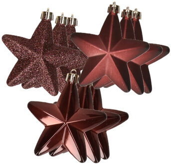Decoris kersthanger sterren - 12x st - mahonie bruin - 7 cm - kunststof - kerstornamenten