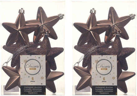 Decoris kersthanger sterren - 12x st - walnoot bruin - 7 cm - kunststof - kerstornamenten