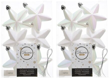 Decoris kersthanger sterren - 12x st - wit parelmoer - 7 cm - kunststof - kerstornamenten